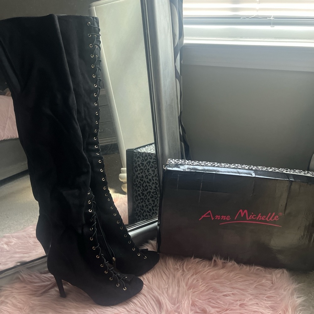 Anne Michelle Lace-Up Black Over-the-Knee Boots